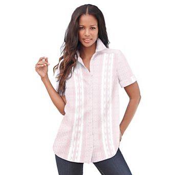 Roaman's Women's Plus Size Extended Plus Size Kate Short Sleeve Easy Cotton-Blend Button-Front Shirt