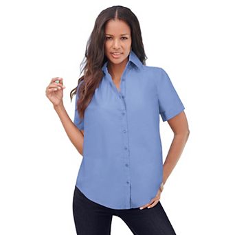 Roaman's Women's Plus Size Kate Short Sleeve Easy Cotton-Blend Button-Front Shirt