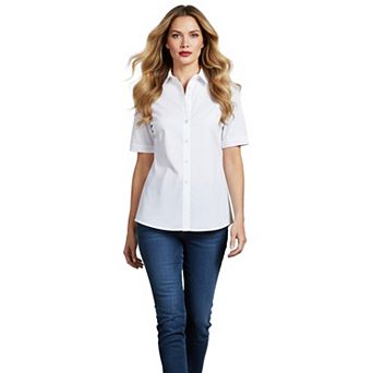 Roaman's Women's Plus Size Extended Plus Size Kate Short Sleeve Easy Cotton-Blend Button-Front Shirt
