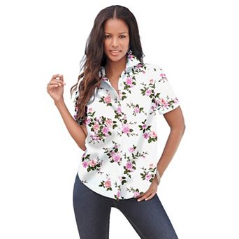 Roaman's Women's Plus Size Kate Short Sleeve Easy Cotton-Blend Button-Front Shirt