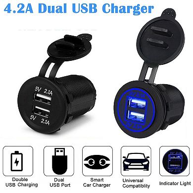 12V Dual USB Car Charger Socket 2.1A LED Waterproof Power Outlet