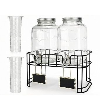 Great Ambitions 2-Pack 1 Gal Glass Drink Dispensers, Leakproof Stainless Spigot & Ice Cylinder