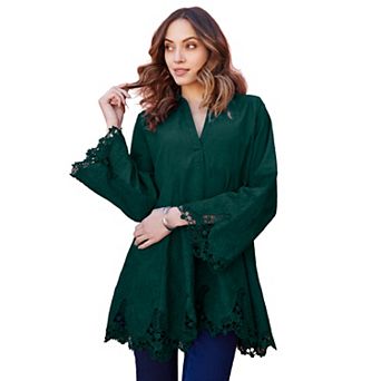 Roaman's Women's Plus Size Extended Plus Size Poplin Embroidered Swing Tunic