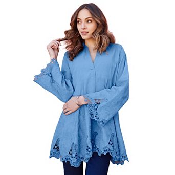 Roaman's Women's Plus Size Extended Plus Size Poplin Embroidered Swing Tunic