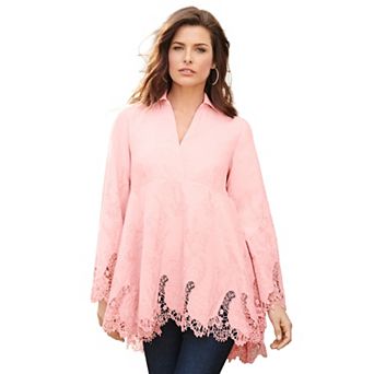 Roaman's Women's Plus Size Extended Plus Size Poplin Embroidered Swing Tunic