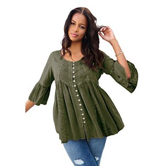 Roaman's Women's Plus Size Extended Plus Size Taylor Acid Wash Big Shirt