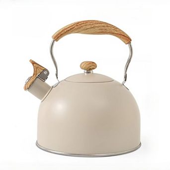 JUANWANG 2.5-qt Whistling Tea Kettle, Stainless Steel with Wood Handle, Cream