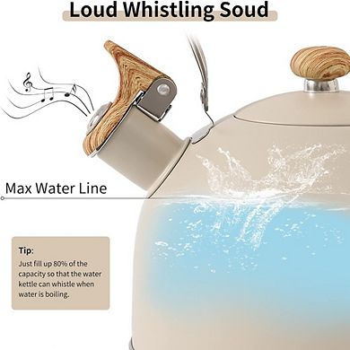 JUANWANG 2.5 Qt Whistling Tea Kettle, Stainless Steel with Wood Handle, Cream