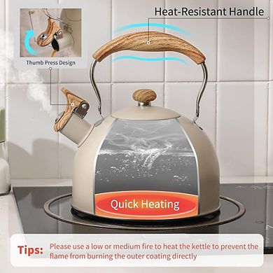 JUANWANG 2.5 Qt Whistling Tea Kettle, Stainless Steel with Wood Handle, Cream