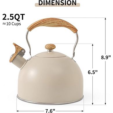 JUANWANG 2.5 Qt Whistling Tea Kettle, Stainless Steel with Wood Handle, Cream