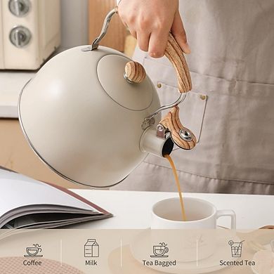 JUANWANG 2.5 Qt Whistling Tea Kettle, Stainless Steel with Wood Handle, Cream
