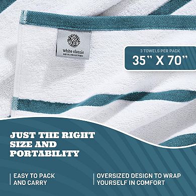 White Classic 100% Cotton Striped Oversized Beach Towels 35x70" - 3 Pack