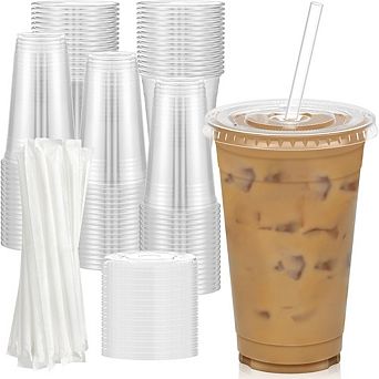 Great Ambitions 100-Pack 20oz Clear Plastic Cups with Lids & Straws, Disposable Iced Beverage Cups