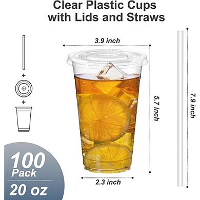 Great Ambitions 100-Pack 20oz Clear Plastic Cups with Lids & Straws, Disposable Iced Beverage Cups