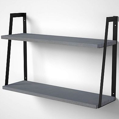 2 Tier Floating Wall Shelves Rustic Wood Storage Decor Shelf Set