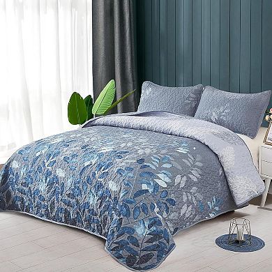 Quilt Set Queen Size,3 Pieces Navy Blue Floral Bedspread Coverlet Set,Soft Microfiber Lightweight