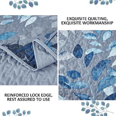 Quilt Set Queen Size,3 Pieces Navy Blue Floral Bedspread Coverlet Set,Soft Microfiber Lightweight