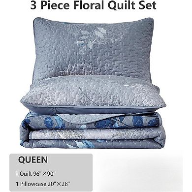 Quilt Set Queen Size,3 Pieces Navy Blue Floral Bedspread Coverlet Set,Soft Microfiber Lightweight