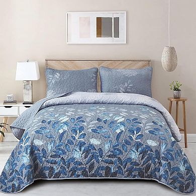 Quilt Set Queen Size,3 Pieces Navy Blue Floral Bedspread Coverlet Set,Soft Microfiber Lightweight