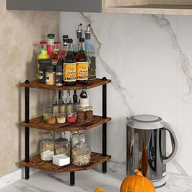 3 Tier Corner Shelf Organizer Rustic Wood Desktop Storage Rack