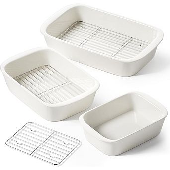 Great Ambitions 3 pc Ceramic Baking Dish Set with Racks,Oven-Safe Lasagna Pan,White4.6QT,3.0QT,1,6QT