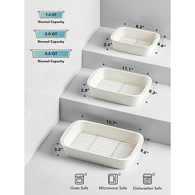 Great Ambitions 3-Pc Ceramic Baking Dish Set with Racks,Oven-Safe Lasagna Pan,White4.6QT,3.0QT,1,6QT