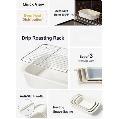 Great Ambitions 3-Pc Ceramic Baking Dish Set with Racks,Oven-Safe Lasagna Pan,White4.6QT,3.0QT,1,6QT