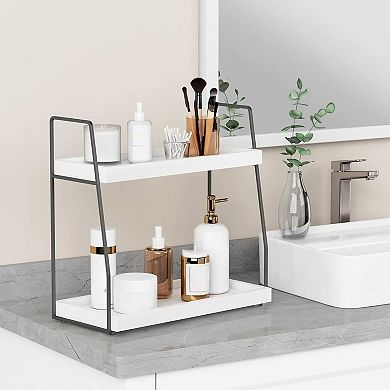 2 Tier Bathroom Counter Organizer, Coffee Bar Organizer for Countertop, Wood Shelf Tray for Vanity