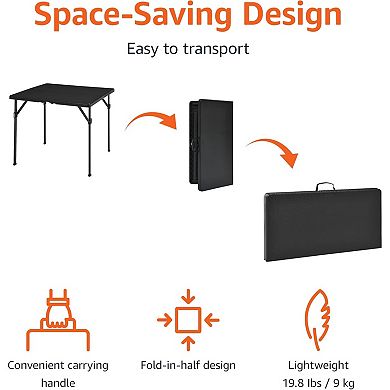 34" Square Folding Table Black, Portable with Carrying Handle for Space Saving Storage