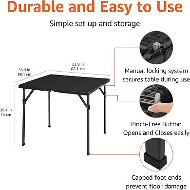 34" Square Folding Table Black, Portable with Carrying Handle for Space Saving Storage