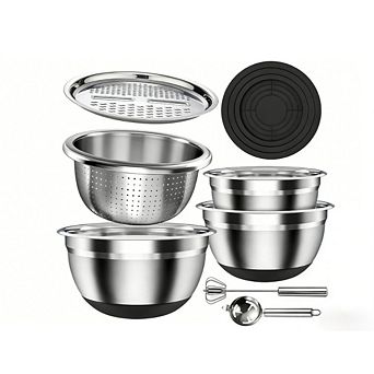 Zoulao 7 pc Stainless Steel Bowl Set with Lids, Colander, Grater & Tools, Dishwasher Safe.