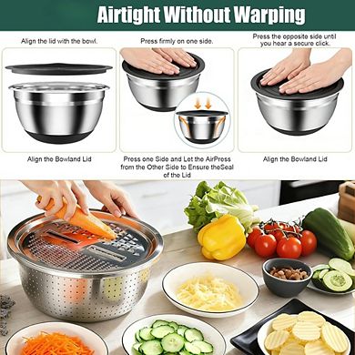 Zoulao 7-Pc Stainless Steel Bowl Set with Lids, Colander, Grater & Tools, Dishwasher Safe.