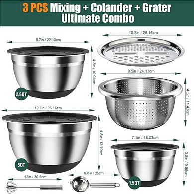 Zoulao 7-Pc Stainless Steel Bowl Set with Lids, Colander, Grater & Tools, Dishwasher Safe.