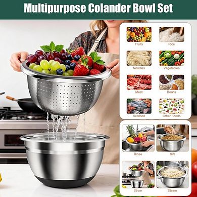 Zoulao 7-Pc Stainless Steel Bowl Set with Lids, Colander, Grater & Tools, Dishwasher Safe.