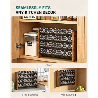 4-Tier Wooden Spice Rack Organizer, Countertop/Wall Mount, Holds 28 Jars (Not Included), for Kitchen