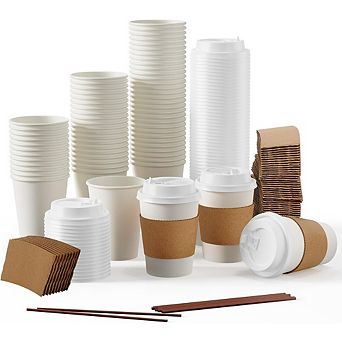 Great Ambitions 100-Pack 12oz Disposable Coffee Cups with Lids, Sleeves & Stirrers