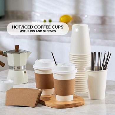 Great Ambitions 100-Pack 12oz Disposable Coffee Cups with Lids, Sleeves & Stirrers