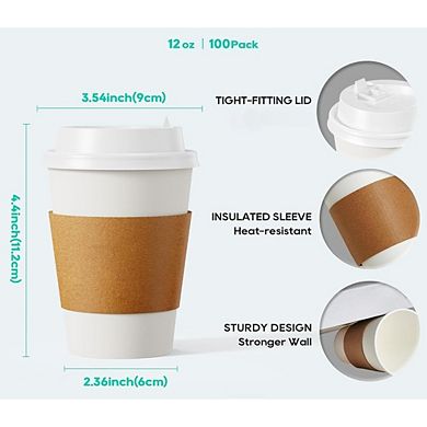 Great Ambitions 100-Pack 12oz Disposable Coffee Cups with Lids, Sleeves & Stirrers
