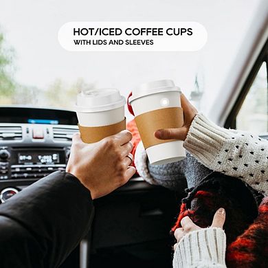 Great Ambitions 100-Pack 12oz Disposable Coffee Cups with Lids, Sleeves & Stirrers