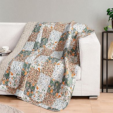50"x 60" Quilted Throw Blanket- Microfiber Quilt Throw with Boho Patchwork Pattern, Reversible