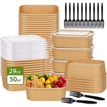 Great Ambitions 50-Pack 29oz Kraft Paper Bowls with Lids & Forks, To-Go Containers