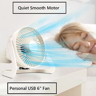 6 Inch USB Desk Fan Portable Quiet Adjustable Angle Home Office White