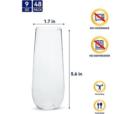 Great Ambitions 48-Pack 9oz Stemless Plastic Champagne Flutes, Clear Unbreakable Party Glasses