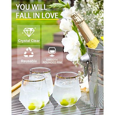 Great Ambitions 40-Pack 12oz Gold Rim Plastic Wine Glasses, Diamond-Shaped & Unbreakable