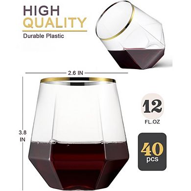Great Ambitions 40-Pack 12oz Gold Rim Plastic Wine Glasses, Diamond-Shaped & Unbreakable