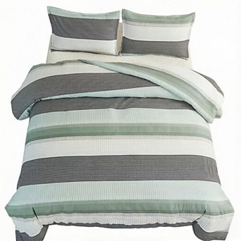 Queen Comforter Set -3 pc Lightweight Quilt Bedding Comforter Sets, Light Colorblock Stripe