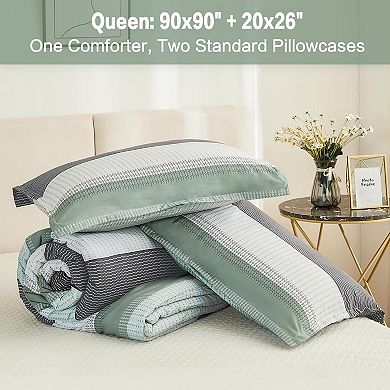 Queen Comforter Set -3 Pieces Lightweight Quilt Bedding Comforter Sets, Light Colorblock Stripe