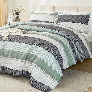 Queen Comforter Set -3 Pieces Lightweight Quilt Bedding Comforter Sets, Light Colorblock Stripe
