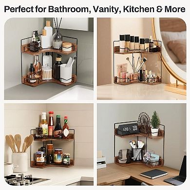2-Tier Bathroom Counter Organizer, Wooden Corner Shelf for Vanity Countertop Skincare & Makeup