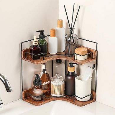 2-Tier Bathroom Counter Organizer, Wooden Corner Shelf for Vanity Countertop Skincare & Makeup